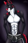  2017 abs anthro black_fur black_hair blue_eyes body_hair bulge canine chest_hair cinta clothing eyebrows fur hair looking_at_viewer male mammal muscular red_fur red_nose simple_background solo standing tight_underwear underwear white_fur wolf 