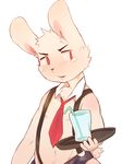  anthro blush cub fur kemoshota lagomorph male mammal necktie open_mouth pink_fur rabbit red_eyes simple_background solo standing tears woong young 