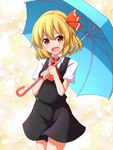  :d ascot black_skirt black_vest blonde_hair blue_umbrella blush collared_shirt commentary_request cowboy_shot eyebrows_visible_through_hair fangs hair_between_eyes highres holding holding_umbrella medium_skirt open_mouth red_eyes rumia shirt short_hair short_sleeves skirt smile solo standing tareme teoi_(good_chaos) touhou umbrella vest white_shirt wing_collar yellow_background 