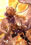  absurdres arm_behind_head armor armored_dress banner black_legwear blonde_hair blue_dress blue_eyes bow braid breasts breasts_apart day dress fate/apocrypha fate_(series) hair_bow highres holding holding_weapon jeanne_d'arc_(fate) jeanne_d'arc_(fate)_(all) kuune_(muttey-myg) long_hair medium_breasts sheath sheathed solo thighhighs very_long_hair weapon 