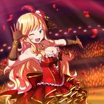  ;d bangs bare_shoulders black_gloves blonde_hair blue_eyes blush breasts cleavage confetti corset dress dutch_angle eyebrows_visible_through_hair frills gloves hand_up heart idolmaster idolmaster_cinderella_girls large_breasts long_hair looking_at_viewer one_eye_closed ootsuki_yui open_mouth red_dress smile solo stage zaxwu 