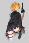  ass black_footwear black_gloves black_jacket black_panties black_skirt black_vest blazer blonde_hair braid collared_shirt dress_shirt from_behind girls_frontline gloves gun happening18 highres holding holding_gun holding_weapon holster jacket miniskirt panties pinstripe_pattern pussy shirt short_hair short_twintails skirt sleeves_rolled_up socks solo striped thigh_holster thong twintails underwear vest water weapon welrod_mk2_(girls_frontline) wet white_legwear white_shirt 