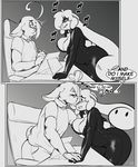  2017 anthro avante92 avante_(character) blush breasts chair cleavage clothed clothing collar dialogue drawing_tablet duo english_text eyes_closed eyewear female geeflakes_(character) glasses greyscale hair hair_over_eye hi_res kissing lagomorph male mammal monochrome monster open_mouth rabbit sitting text 