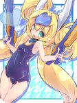  arms_up blazblue blonde_hair blue_eyes covered_navel dual_wielding gun highres holding long_hair one-piece_swimsuit open_mouth perorisu platinum_the_trinity quad_tails school_swimsuit smile solo swimsuit very_long_hair weapon 
