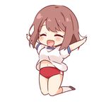  bloomers blush brown_hair chibi closed_eyes eyebrows_visible_through_hair girlfriend_(kari) kneehighs navel open_mouth outstretched_arms ringo_(nanaprin) shiina_kokomi shirt short_sleeves smile solo spread_arms underwear white_legwear white_shirt 