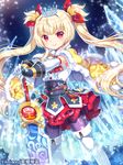  armor black_legwear blonde_hair blush capura_lin crown detached_sleeves eyebrows_visible_through_hair highres holding holding_sword holding_weapon long_hair looking_at_viewer original pantyhose red_eyes smile solo sword twintails weapon 