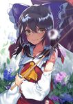  ascot asuzemu bangs bare_shoulders black_hair blurry bow brown_eyes closed_mouth commentary depth_of_field detached_sleeves eyebrows_visible_through_hair flower hair_between_eyes hair_bow hair_tubes hakurei_reimu highres holding holding_umbrella japanese_clothes large_bow long_hair looking_at_viewer neckerchief outdoors rain red_bow red_skirt ribbon ribbon-trimmed_sleeves ribbon_trim skirt skirt_set smile solo standing touhou umbrella wide_sleeves yellow_neckwear 