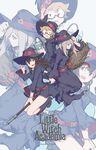  artist_name blue_hat blush broom broom_riding brown_hair copyright_name glasses green_eyes hat highres index_finger_raised kagari_atsuko little_witch_academia long_hair looking_at_viewer looking_away lotte_jansson mivit multiple_girls multiple_riders open_mouth orange_hair pale_skin red_eyes short_hair smile sucy_manbavaran teeth witch_hat 