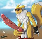  abs anthro balls biceps big_penis black_sclera blush canine clothing cum digimon erection eyewear fur hi_res hyper hyper_penis jamie_lamont knot male mammal mechogama muscular outside penis renamon solo sunglasses vein veiny_penis white_fur yellow_fur 