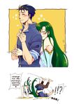  1girl blue_hair blush closed_eyes commentary couple english fire_emblem fire_emblem:_rekka_no_ken fire_emblem_heroes green_hair hector_(fire_emblem) hetero hug long_hair lyndis_(fire_emblem) short_hair smile suplex z_hard 