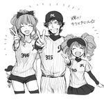  2girls baseball_cap baseball_uniform closed_eyes facial_hair goatee greyscale grin hat highres idolmaster idolmaster_(classic) idolmaster_cinderella_girls idolmaster_side-m long_hair monochrome moroboshi_kirari multiple_girls ootokage_(big-lezard07) pinstripe_pattern ponytail shirt short_hair short_shorts shorts simple_background skirt smile sportswear striped t-shirt takatsuki_yayoi tendou_teru twintails undershirt v visor_cap white_background 