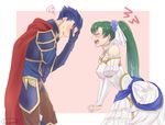  1girl armor blue_hair blush bridal_veil bride bride_(fire_emblem) cape closed_eyes commentary_request dress elbow_gloves fire_emblem fire_emblem:_rekka_no_ken fire_emblem_heroes formal gloves green_hair hector_(fire_emblem) kazame long_hair lyndis_(fire_emblem) open_mouth ponytail short_hair smile veil wedding_dress white_dress 