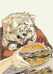  2017 5_fingers anthro black_eyes black_nose blush burger bust_portrait canine dog dripping eating fangs food fur hair hairclip head_tuft hi_res holding_food holding_object humanoid_hands humor kemono leaning mammal marker_(artwork) meme open_mouth pigtails portrait raised_eyebrows reaction_image ryonggay sharp_teeth short_hair silly_face simple_background sitting snout teeth tongue traditional_media_(artwork) warm_colors white_background white_fur white_hair wide_eyed 