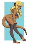  2017 anthro blonde_hair blue_eyes bra breasts cleavage clothed clothing female hair hi_res hobbsmeerkat legwear mammal meerkat mongoose panties solo stockings underwear 