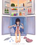  absurdres bangs barefoot black_hair blunt_bangs bottle collarbone cub feet fish food fruit green_eyes highres hot in_container in_refrigerator long_hair long_toes meat navel orange_hair original panties pineapple pleated_skirt refrigerator school_uniform seal serafuku short_sleeves shrimp_cc simple_background sitting skirt solo striped striped_panties summer sweat toes underwear watermelon white_background 