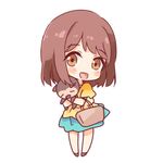  bag blue_skirt blush brown_eyes brown_hair chibi eyebrows_visible_through_hair girlfriend_(kari) handbag holding holding_stuffed_animal looking_at_viewer open_mouth ringo_(nanaprin) shiina_kokomi short_hair skirt smile solo stuffed_animal stuffed_toy 