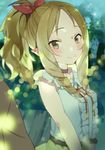  bare_shoulders blonde_hair blouse blush breasts brown_eyes choker eromanga_sensei fireflies grass ikeya_(ikeya314) looking_at_viewer medium_breasts night ponytail shirt sleeveless sleeveless_shirt smile solo tree yamada_elf 