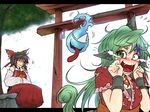  2girls ascot bangs black_hair blush bracelet closed_eyes constricted_pupils crying crying_with_eyes_open day detached_sleeves facial_mark fangs green_eyes green_hair hair_between_eyes hair_tubes hakurei_reimu hands_together hip_vent hitodama horn jewelry komano_aun laughing letterboxed long_hair long_skirt long_tongue maroon_shirt multiple_girls nose_blush older open_mouth paw_pose pointy_nose red_shirt red_skirt ryuuichi_(f_dragon) sarashi scared shiny shiny_hair shirt sitting skirt streaming_tears summer tail tears tongue tongue_out torii touhou tree triangular_headpiece upper_body white_background 