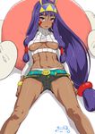  abs blush breasts breasts_apart crop_top dark_skin earrings egyptian facial_mark fate/grand_order fate_(series) hairband highres hoop_earrings jewelry long_hair looking_at_viewer md5_mismatch medium_breasts medjed meme_attire midriff navel nitocris_(fate/grand_order) no_bra open-chest_sweater open_mouth panties purple_eyes purple_hair short_shorts shorts signature solo suna sweater toned underboob underwear very_long_hair white_panties 