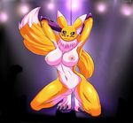  2017 anthro big_breasts black_sclera blue_eyes blush breasts canine chest_tuft chippo claws crouching dancing digimon female fox fur hands_behind_head inside looking_at_viewer mammal nipples nude pole pole_dancing pussy renamon smile solo stripper tuft wide_hips 