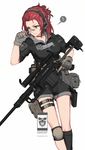  1girl belt blue_eyes bolt_action breasts brown_gloves cheytac_m200 gloves gun headphones headset holding holding_gun holding_weapon jacket knee_pads large_breasts looking_away mivit original red_hair rifle scope short_hair short_sleeves sniper_rifle solo speech_bubble spoken_exclamation_mark trigger_discipline weapon 