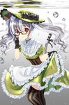  air_bubble animal_ears bubble cat_ears cat_tail commentary_request corset dress glasses gloves grey_hair hat highres lolita_fashion original red_eyes ribbon submerged tail tail_ribbon thighhighs toujou_mina twintails underwater 