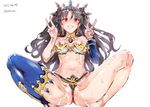  ass bare_shoulders black_hair blue_legwear breasts crown detached_sleeves double_v earrings fate/grand_order fate_(series) grin ishtar_(fate/grand_order) jewelry long_legs medium_breasts navel nyuu_(manekin-eko) pussy_juice pussy_peek red_eyes revealing_clothes simple_background single_thighhigh smile solo spread_legs sweat teeth thighhighs v white_background 
