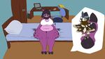  anthro arthropod bed bedroom boar bottomless chair clothed clothing computer desk female fur insect jigglyjuggle laptop larger_female macro mammal micro moth porcine purple_fur size_difference 