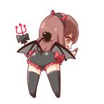  ass bent_over black_legwear bow brown_eyes brown_hair chibi demon_girl demon_horns demon_tail demon_wings eyebrows_visible_through_hair fake_horns girlfriend_(kari) hairband horns looking_at_viewer pitchfork red_bow ringo_(nanaprin) shiina_kokomi short_hair solo tail thighhighs wings wristband 