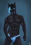  5_fingers abs absurd_res anthro black_fur black_hair black_skin blue_eyes bulge canine cinta clothing dog eyebrows fangs fur glowing glowing_eyes hair hi_res husky looking_at_viewer male mammal muscular nails simple_background smile solo standing teasing tight_underwear underwear 