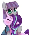 2017 blue_eyes blush clothed clothed_feral clothing duo earth_pony equine eyes_closed eyeshadow female feral friendship_is_magic hair hi_res horn horse long_hair makeup mammal maud_pie_(mlp) momomistress multicolored_hair my_little_pony pony purple_hair simple_background smile starlight_glimmer_(mlp) two_tone_hair unicorn white_background 