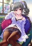  black_shorts blush bow breasts cleavage collarbone collared_shirt couch crotch_seam dress_shirt drill_hair expressionless eyebrows_visible_through_hair flower frilled_pillow frills grey_hair hair_between_eyes hair_bow hydrangea idolmaster idolmaster_cinderella_girls indoors kanzaki_ranko knees_together_feet_apart long_hair long_sleeves looking_at_viewer medium_breasts navel off_shoulder on_couch open_clothes open_fly open_shirt pantyhose pantyhose_under_shorts parted_lips pillow red_eyes shirt shorts sitting sleeves_past_wrists solo tsurime twin_drills twintails urabi_(tomatohouse) white_bow window wing_collar 