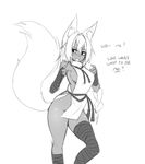  2017 animal_humanoid arm_wraps big_tail blush braided_hair breasts canine clothed clothing dark_skin embarrassed english_text female fluffy fluffy_tail fox fox_humanoid greyscale hair hand_wraps humanoid inner_ear_fluff leg_wraps mammal mana_(sub-res) monochrome no_underwear open_mouth shy side_boob simple_background solo standing sub-res text white_background wide_hips wraps 