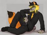  2017 anthro belt black_nose blonde_hair brown_fur canine claws clothed clothing eyebrows fedora fully_clothed fur glowing grey_fur hair hat jacket looking_at_viewer male mammal marjani necktie orange_fur pads_(disambiguation) pants pawpads paws pyro_sincarta ring simple_background sitting smile solo suit wolf yellow_eyes 