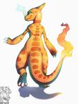  2017 3_fingers 3_toes ambiguous_gender anthro blue_eyes charmeleon claws digital_media_(artwork) digitigrade fire hi_res looking_at_viewer looking_back miss-yazriel nintendo nude orange_scales pok&eacute;mon rear_view scales scalie signature simple_background smile solo thick_tail toe_claws toes video_games 
