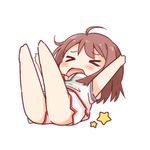  &gt;_&lt; blush breasts brown_hair chibi cleavage closed_eyes eyebrows_visible_through_hair girlfriend_(kari) large_breasts lying on_back open_mouth outstretched_arms ringo_(nanaprin) shiina_kokomi short_hair solo spread_arms star 