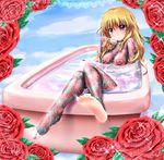  1girl areolae barefoot bathtub blonde_hair blush breasts eyebrows_visible_through_hair feet full_body_tattoo highres holding long_hair looking_at_viewer medium_breasts nipple_piercing nipples nude partially_submerged petals piercing purple_eyes red_rose rose seiji_(artist) shiny shiny_skin sitting soles solo tattoo toes 