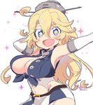  armpits blonde_hair breasts cleavage elbow_gloves front-tie_top garter_straps gloves hair_between_eyes headgear iowa_(kantai_collection) kantai_collection large_breasts long_hair miniskirt navel open_mouth skirt solo star star-shaped_pupils striped symbol-shaped_pupils tsukko_(3ki2ne10) vertical_stripes 