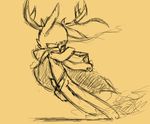  2015 action_pose anthro antler_ribbon antlers bare_chest cloak clothed clothing dual_wielding glowing glowing_eyes holding_object holding_weapon horn jackalope knife lagomorph male mammal monochrome panzery25 ribbons scabbard signature simple_background solo weapon yellow_background 