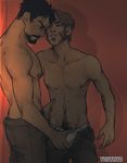  2boys against_wall beard blush body_hair bulge clenched_teeth crotch facial_hair groping male_focus mccree_(overwatch) multiple_boys overwatch reaper_(overwatch) scar sweat tattoo topless underwear undressing wince yaoi yuutayo 
