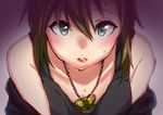  apple_(ygbhjdbiulsg) bare_shoulders black_tank_top blush brown_hair close-up commentary_request green_eyes idolmaster idolmaster_cinderella_girls jewelry lips looking_at_viewer parted_lips red_lips short_hair solo sweat tada_riina 