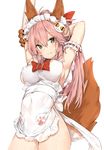  :3 animal_ear_fluff animal_ears apron arm_behind_head arm_garter armpits arms_up blush bow breasts bright_pupils cat_hair_ornament closed_mouth commentary covered_navel covered_nipples cowboy_shot eyebrows_visible_through_hair fang_out fate/extra fate/grand_order fate_(series) fox_ears fox_tail frills gloves hair_between_eyes hair_bow hair_ornament hand_on_own_arm highres large_breasts light_smile long_hair looking_at_viewer maid_headdress naked_apron paw_gloves paws pink_hair red_bow ribbon_trim sideboob silver_(chenwen) simple_background solo standing tail tamamo_(fate)_(all) tamamo_cat_(fate) thighs tsurime white_apron white_background white_pupils yellow_eyes 
