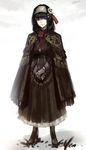  black_hair bloodborne blue_eyes boots cape cosplay dress gloves hair_ornament hairband highres idolmaster idolmaster_cinderella_girls jewelry long_dress long_hair pendant plain_doll plain_doll_(cosplay) rheez sagisawa_fumika scarf sketch solo 