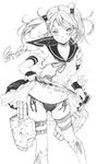  2017 :&lt; :q ass_visible_through_thighs badge blush breasts bunny commentary_request cowboy_shot dated flying_sweatdrops frilled_skirt frills graphite_(medium) greyscale hair_bobbles hair_ornament highres kantai_collection lace long_hair looking_at_viewer machinery magai_akashi midriff monochrome navel neck_ribbon panties ribbon rigging sazanami_(kantai_collection) school_uniform serafuku short_sleeves side-tie_panties signature simple_background skirt skirt_lift small_breasts solo sweatdrop tongue tongue_out traditional_media twintails underwear weapon white_background 