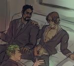  3boys beard blush body_hair couch erection facial_hair genji_(overwatch) green_hair grin male_focus mccree_(overwatch) multiple_boys naughty_face necktie overwatch penis reaper_(overwatch) siting sitting smile smirk suit undressing wince yaoi yuutayo 