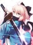 black_bow black_scarf blonde_hair bow cherry_blossoms eyebrows_visible_through_hair fal fate/grand_order fate_(series) hair_between_eyes hair_bow half_updo highres holding holding_sword holding_weapon japanese_clothes katana kimono kimono_skirt long_hair okita_souji_(fate) okita_souji_(fate)_(all) scarf scarf_over_mouth solo sparkle standing sword upper_body weapon white_background white_kimono yellow_eyes 