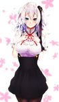  alternate_costume blue_eyes commentary cosplay dagashi_kashi dress floral_background flower hair_flower hair_ornament hands_on_own_chest highres kantai_collection kashima_(kantai_collection) magai_akashi pantyhose shidare_hotaru shidare_hotaru_(cosplay) silver_hair solo twintails 