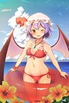  ;d alternate_costume ass_visible_through_thighs bare_shoulders bat_wings bikini blush breasts cloud collarbone day fang flower frilled_bikini_top frills front-tie_bikini front-tie_top groin hat hat_ribbon hibiscus highres innertube jewelry looking_at_viewer mob_cap moyashi_baasuto navel necklace ocean one_eye_closed open_mouth outdoors pendant pink_wings purple_hair red_bikini red_eyes remilia_scarlet ribbon short_hair side-tie_bikini sky small_breasts smile solo swimsuit thigh_gap touhou wings wrist_cuffs 