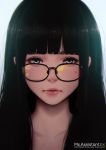  bangs black-framed_eyewear black_hair blue_eyes blunt_bangs close-up closed_mouth face glasses lips long_hair looking_at_viewer magion02 mole mole_under_eye ms.assistant portrait solo watermark white_background 