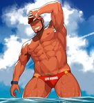  1boy abs armpit bara body_hair lifeguard muscle outdoors pecs sakuramaru123 sky smile solo topless water wet 